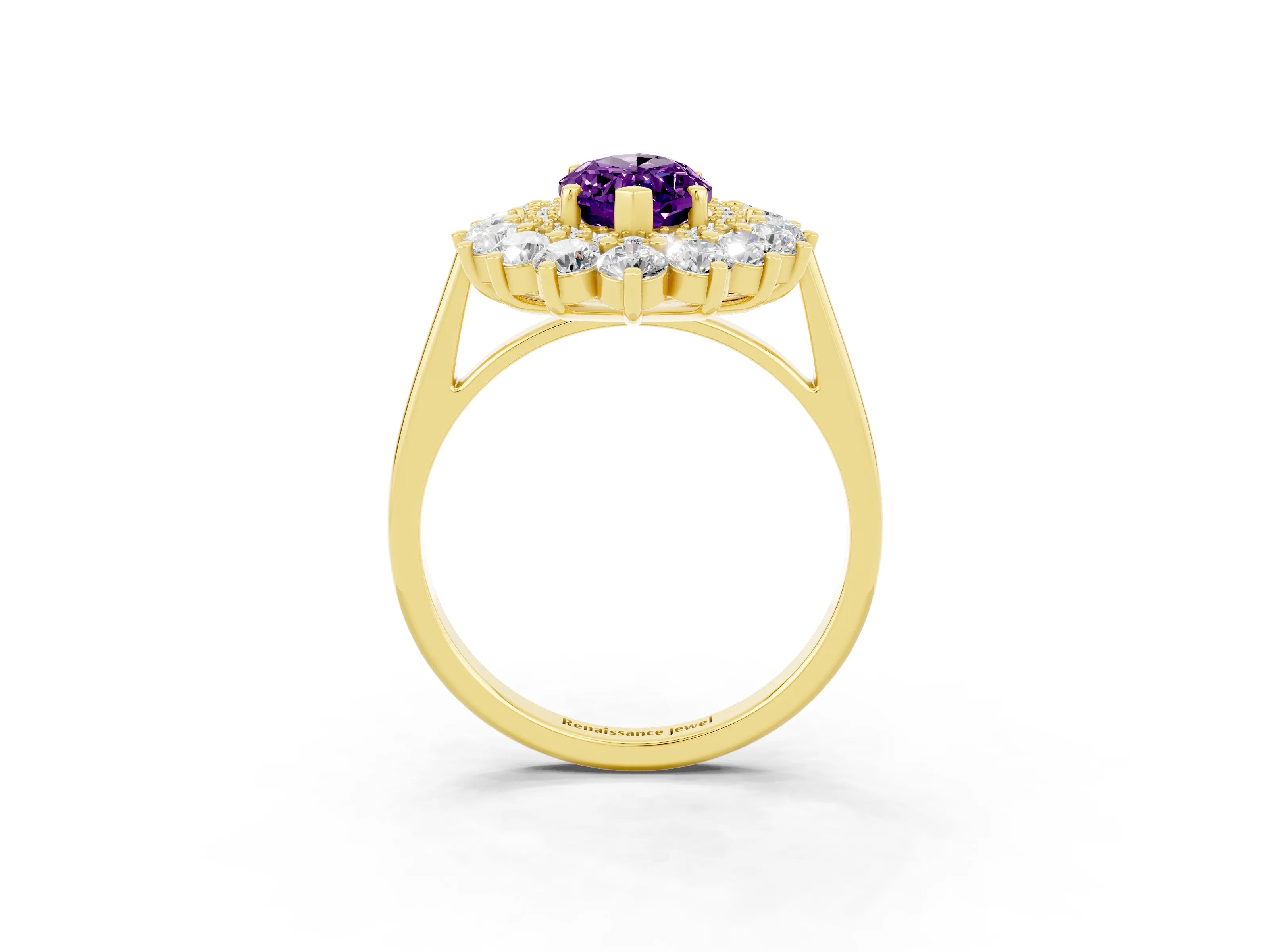 Yellow gold Marquise Cut Halo Cluster Diamond Ring with Pave Band and Four-Prong Setting_15