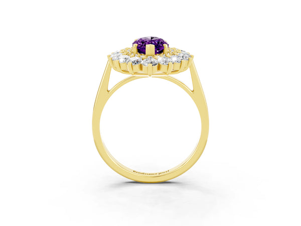 Yellow gold Marquise Cut Amethyst Floral Double Halo Engagement Ring with Prong Setting