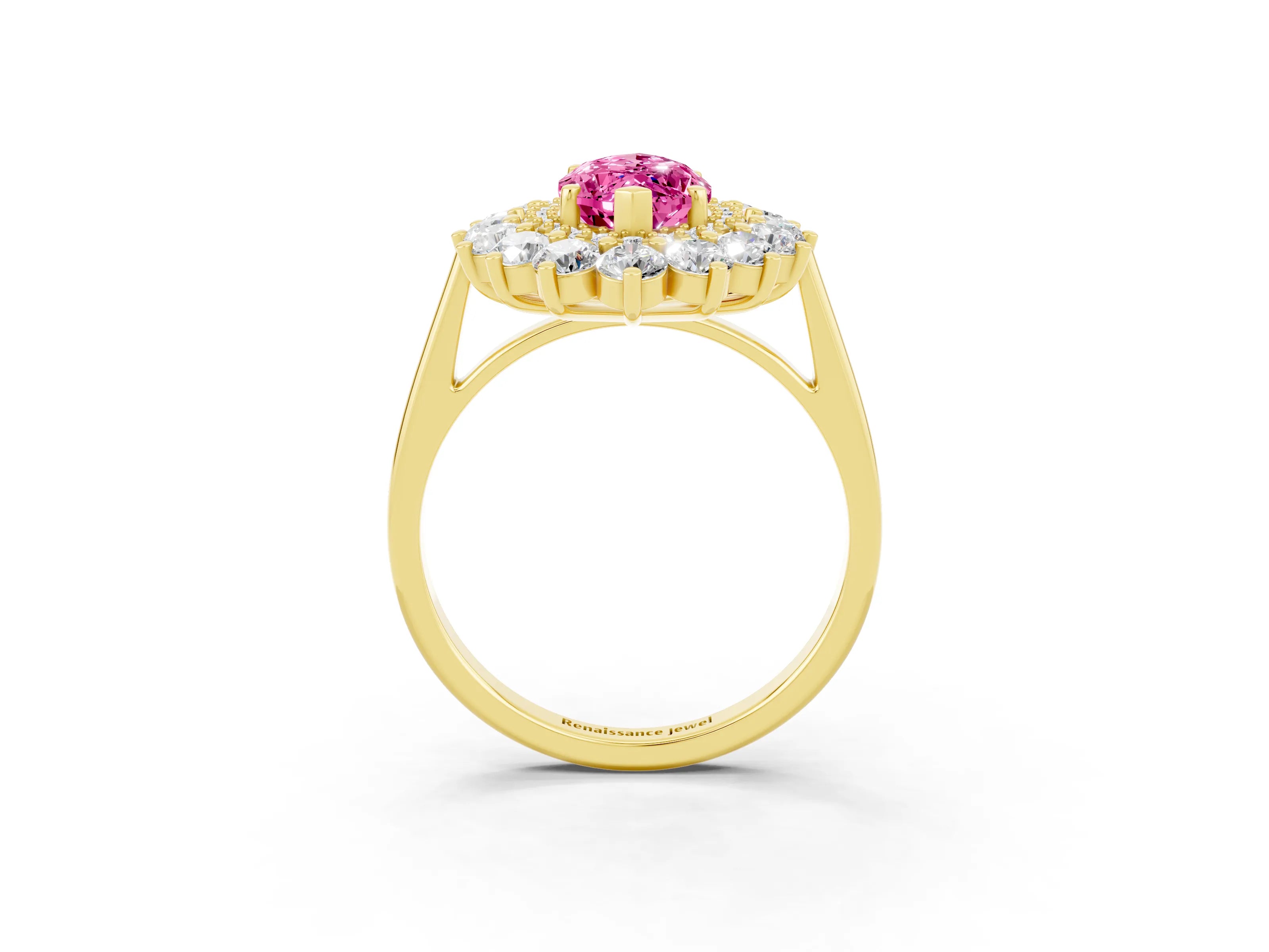 Yellow gold Marquise Cut Halo Cluster Diamond Ring with Pave Band and Four-Prong Setting_15