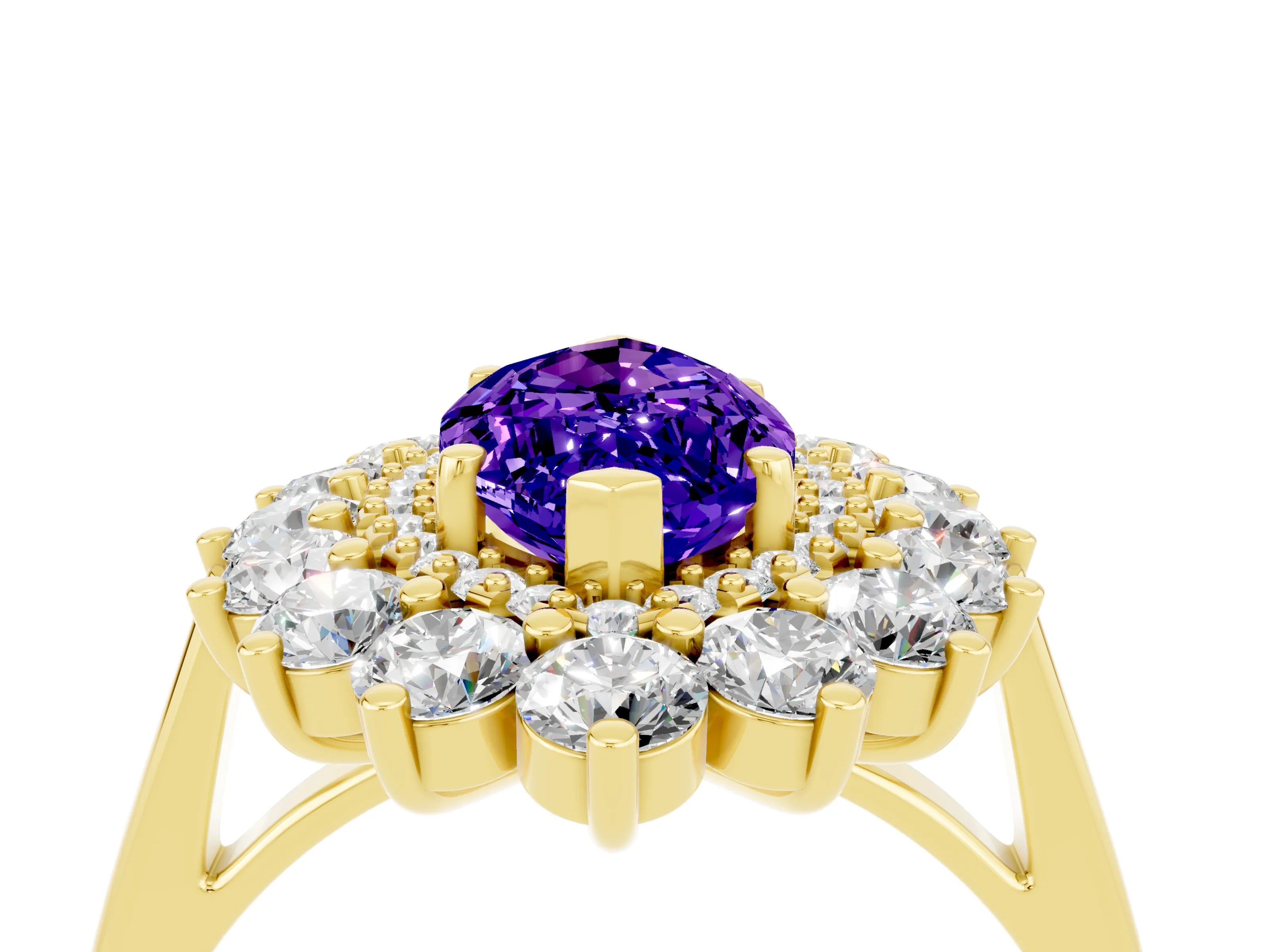 Yellow gold Marquise Cut Halo Cluster Diamond Ring with Pave Band and Four-Prong Setting_16