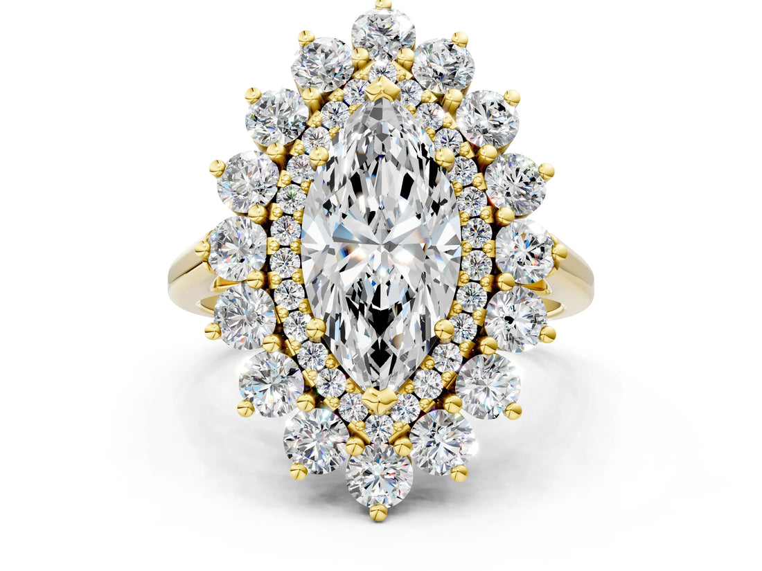 Yellow gold Marquise Cut Halo Cluster Diamond Ring with Pave Band and Four-Prong Setting_17