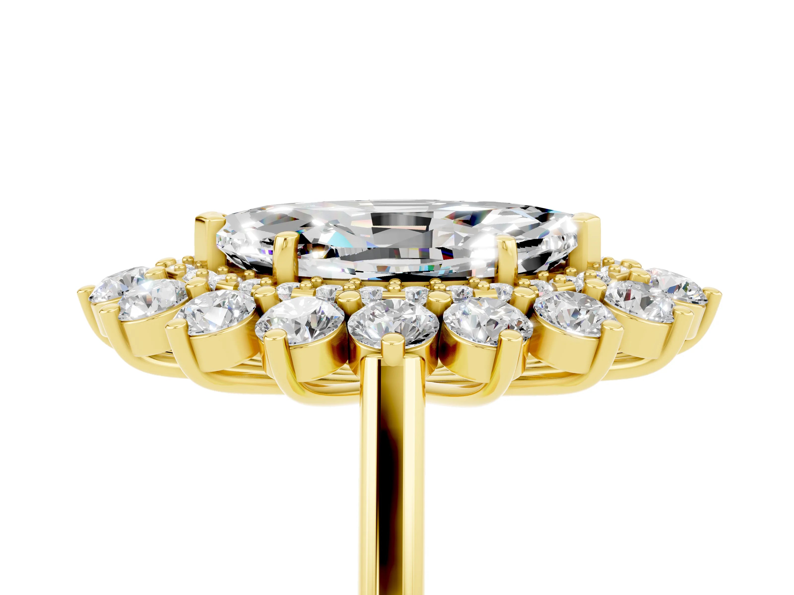Yellow gold Marquise Cut Halo Cluster Diamond Ring with Pave Band and Four-Prong Setting_17