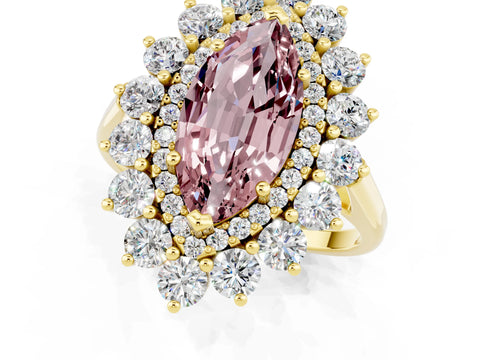 Yellow gold Marquise Cut Halo Cluster Diamond Ring with Pave Band and Four-Prong Setting_1