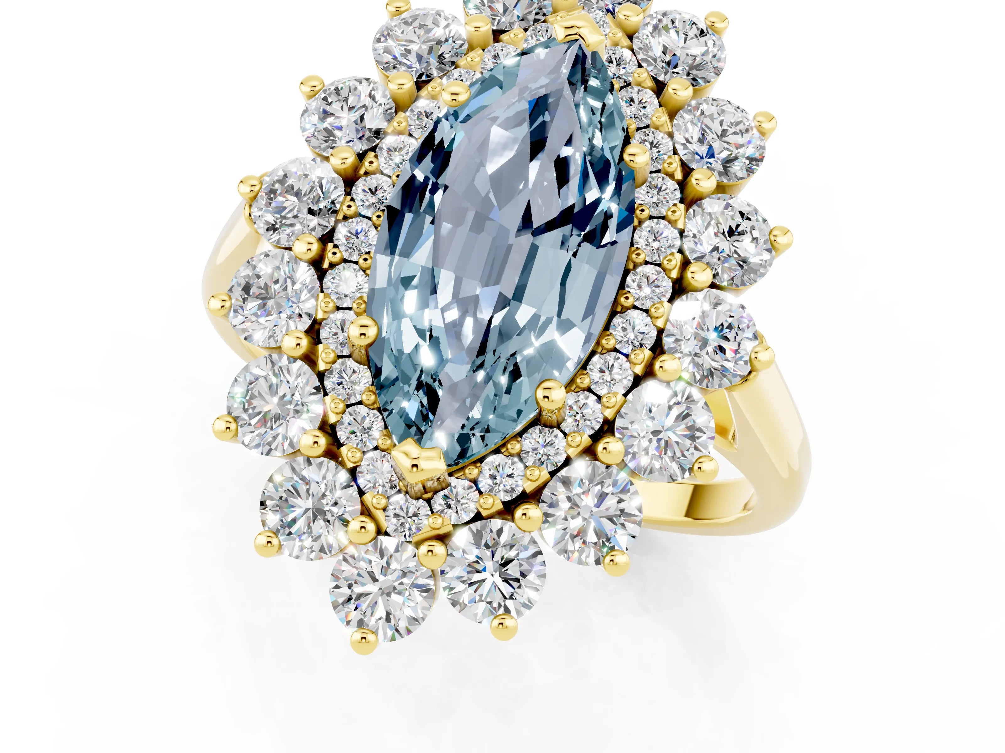 Yellow gold Marquise Cut Halo Cluster Diamond Ring with Pave Band and Four-Prong Setting_1
