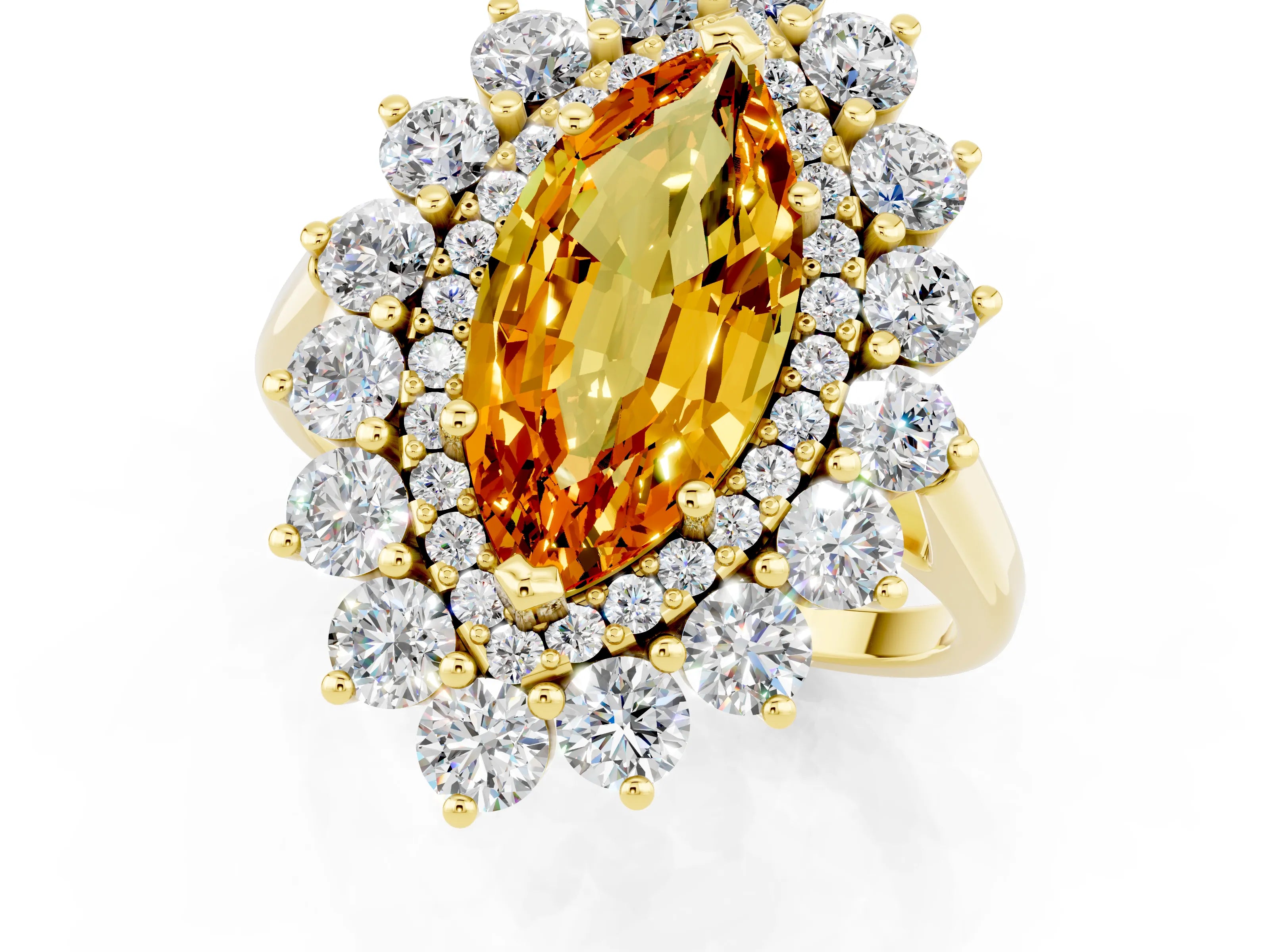 Yellow gold Marquise Cut Halo Cluster Diamond Ring with Pave Band and Four-Prong Setting_1