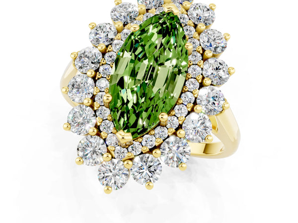 Yellow gold Marquise Cut Halo Cluster Diamond Ring with Pave Band and Four-Prong Setting