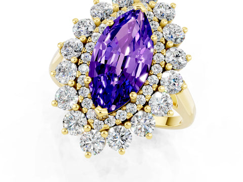 Yellow gold Marquise Cut Halo Cluster Diamond Ring with Pave Band and Four-Prong Setting_1