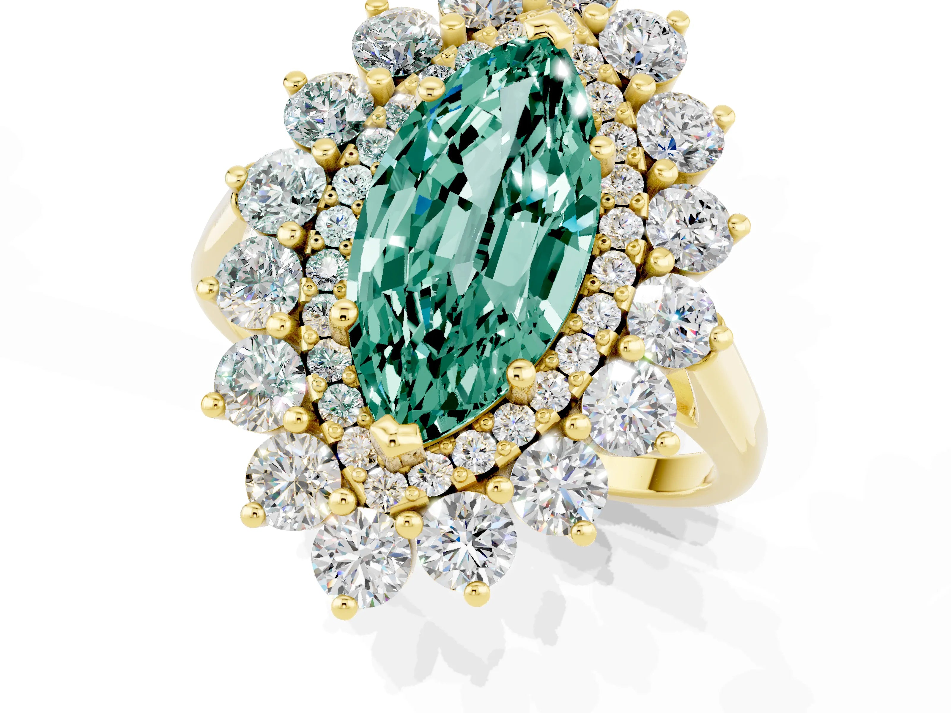 Yellow gold Marquise Cut Halo Cluster Diamond Ring with Pave Band and Four-Prong Setting_1