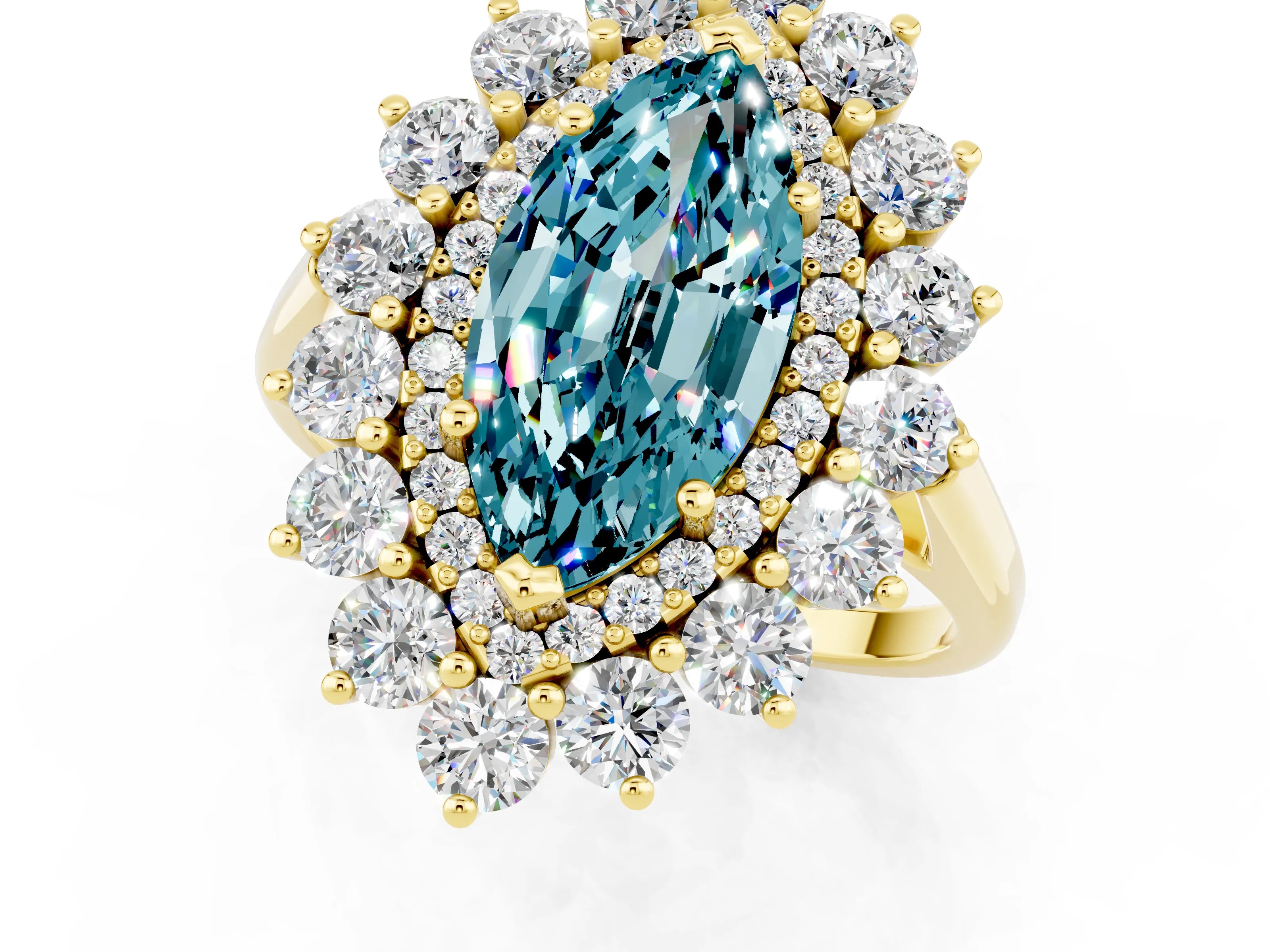 Yellow gold Marquise Cut Halo Cluster Diamond Ring with Pave Band and Four-Prong Setting_1
