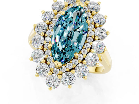 Yellow gold Marquise Cut Halo Cluster Diamond Ring with Pave Band and Four-Prong Setting_1