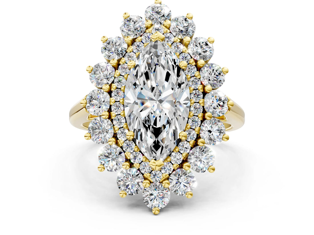 Yellow gold Marquise Cut Halo Cluster Diamond Ring with Pave Band and Four-Prong Setting_29