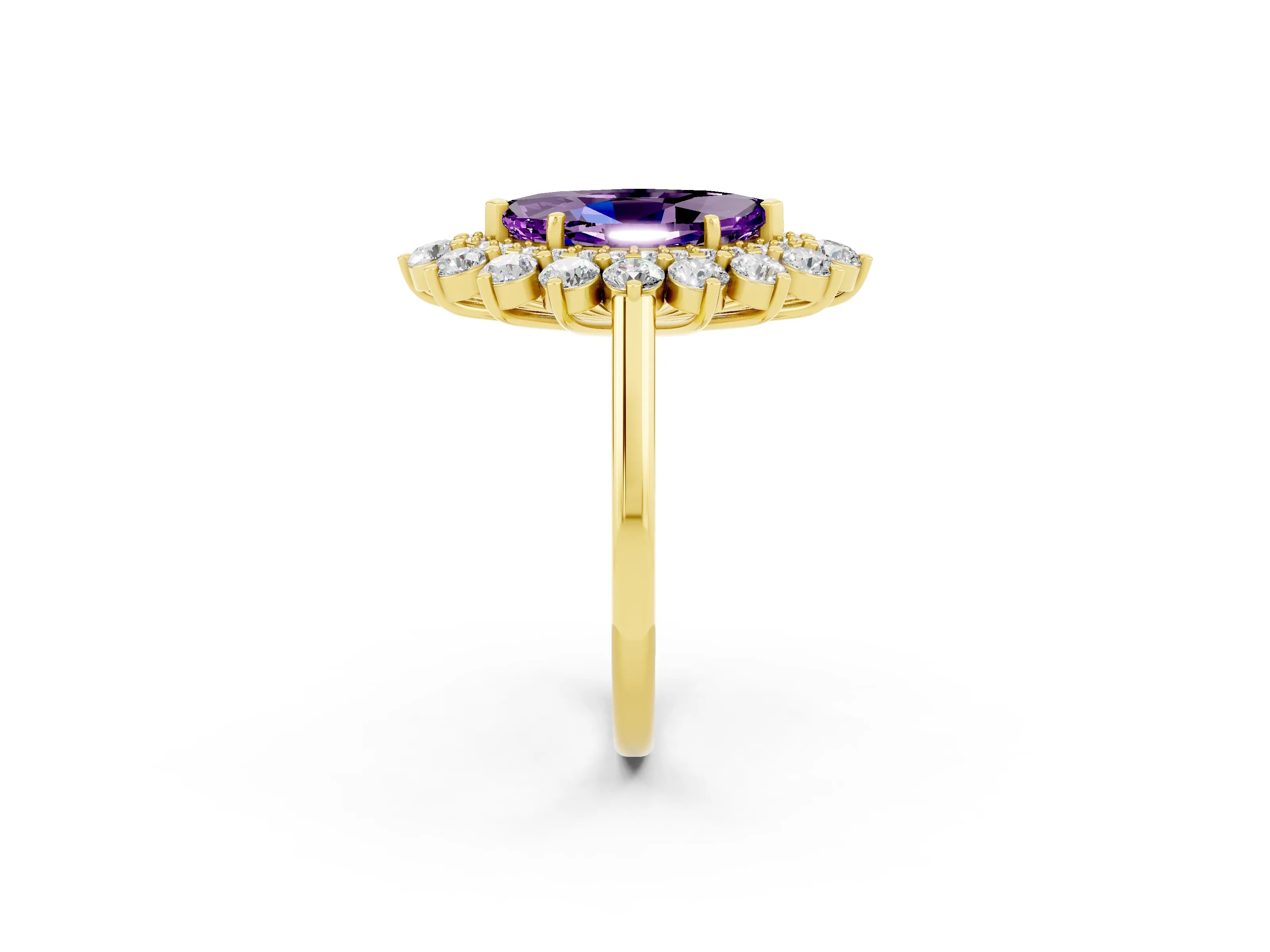 Yellow gold Marquise Cut Halo Cluster Diamond Ring with Pave Band and Four-Prong Setting_2