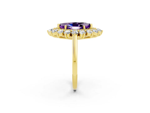 Yellow gold Marquise Cut Halo Cluster Diamond Ring with Pave Band and Four-Prong Setting_2