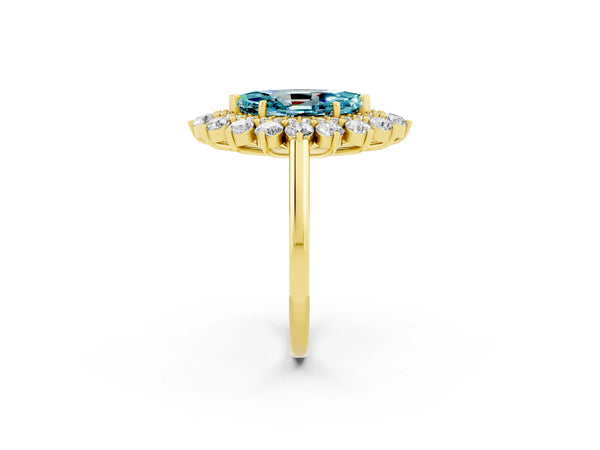 Yellow gold Marquise Cut Halo Cluster Diamond Ring with Pave Band and Four-Prong Setting