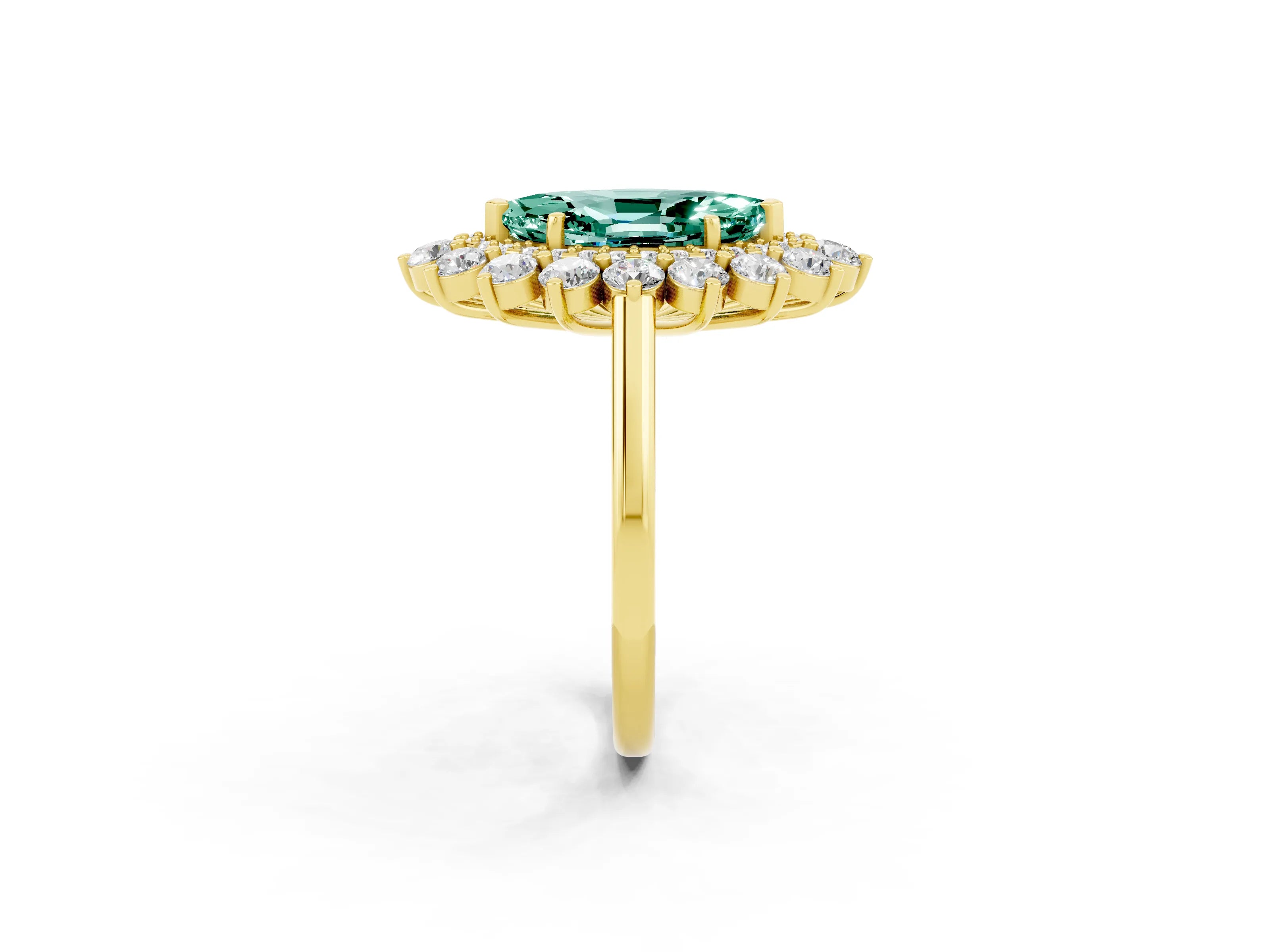 Yellow gold Marquise Cut Halo Cluster Diamond Ring with Pave Band and Four-Prong Setting_2