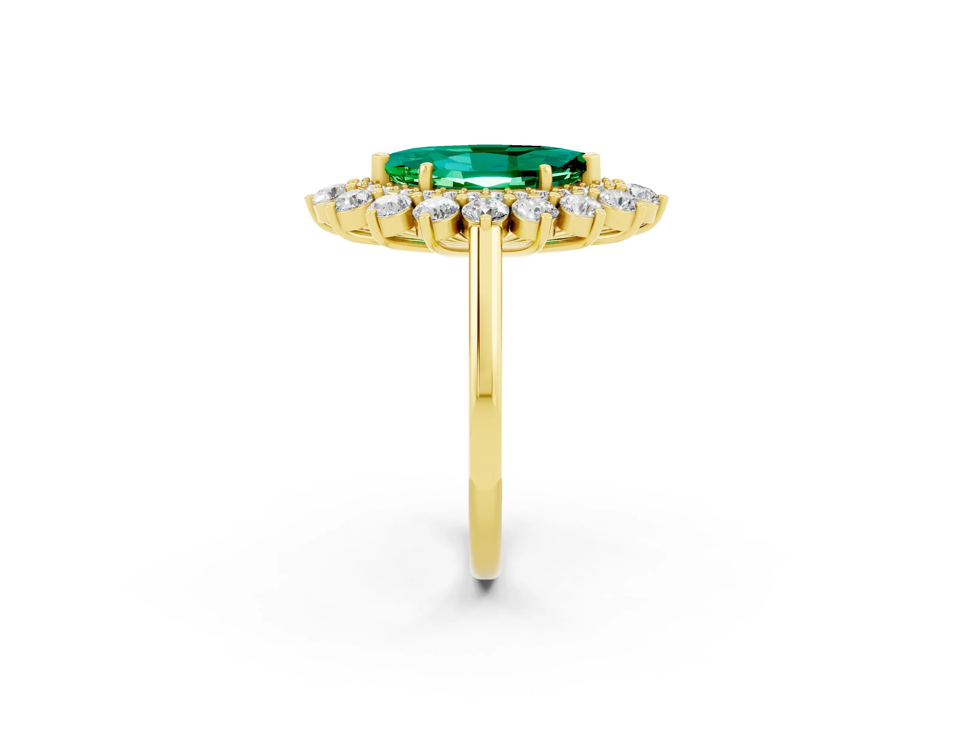 Yellow gold Marquise Cut Halo Cluster Diamond Ring with Pave Band and Four-Prong Setting_2