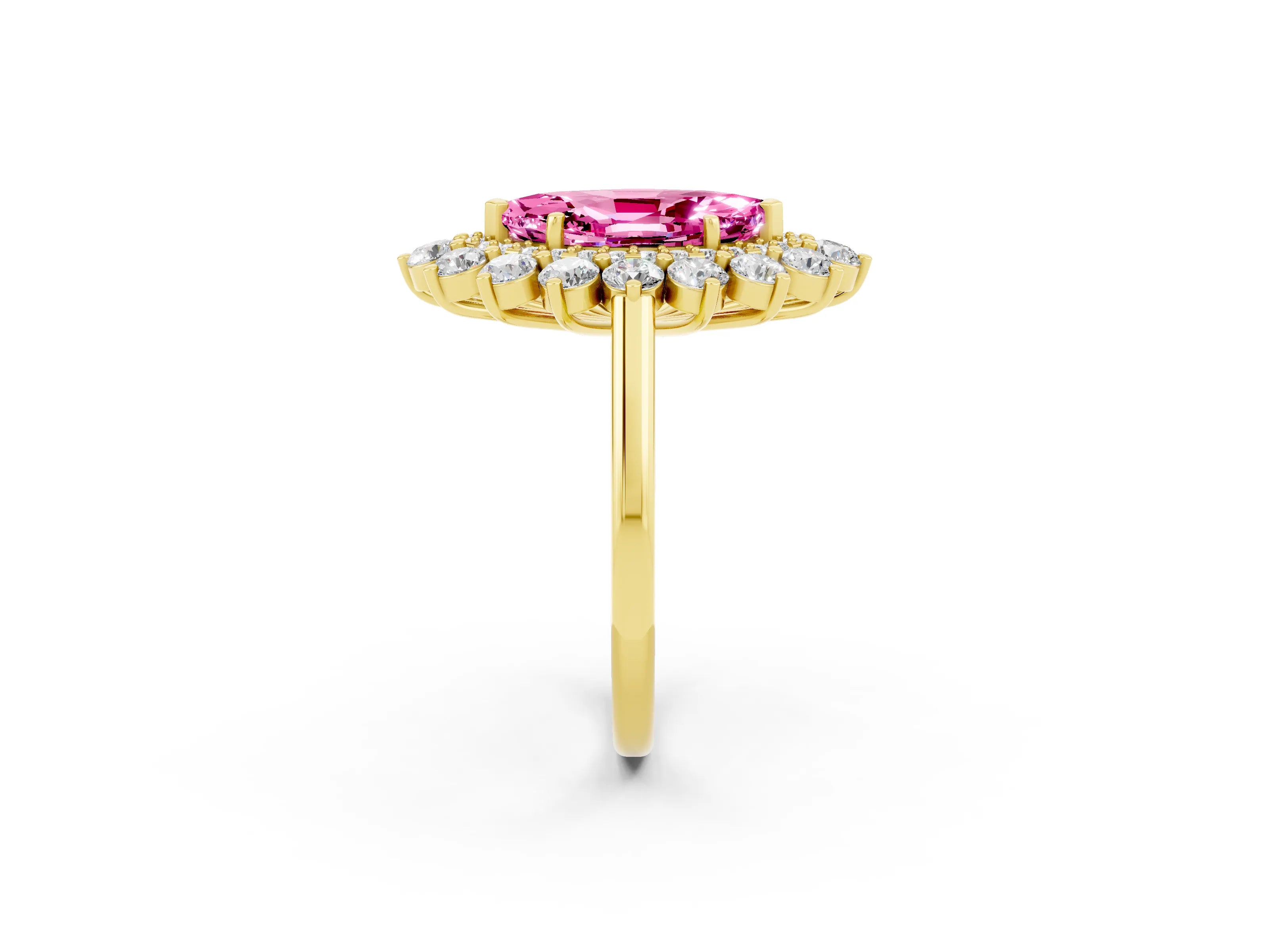 Yellow gold Marquise Cut Halo Cluster Diamond Ring with Pave Band and Four-Prong Setting_2
