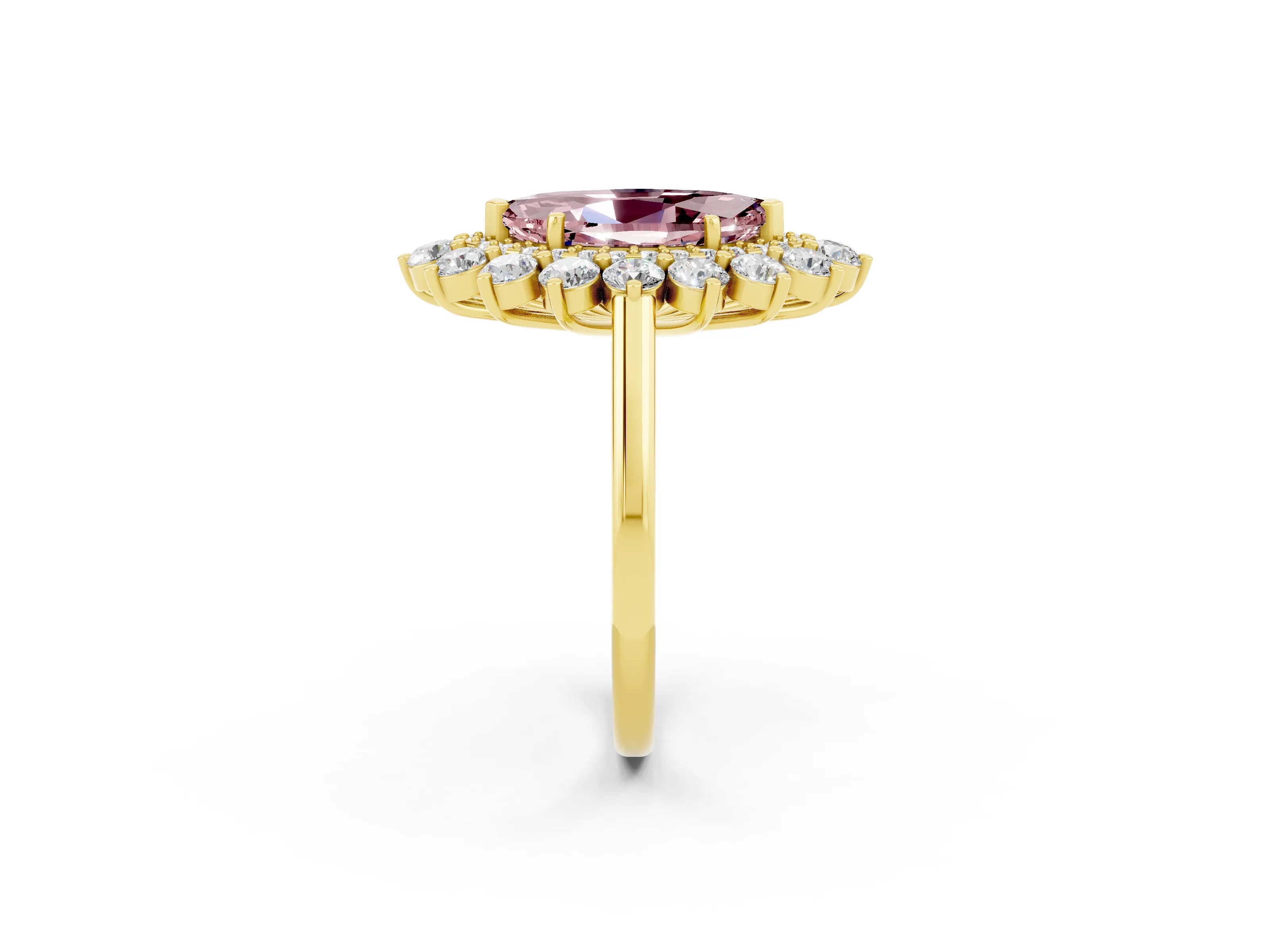Yellow gold Marquise Cut Halo Cluster Diamond Ring with Pave Band and Four-Prong Setting_2