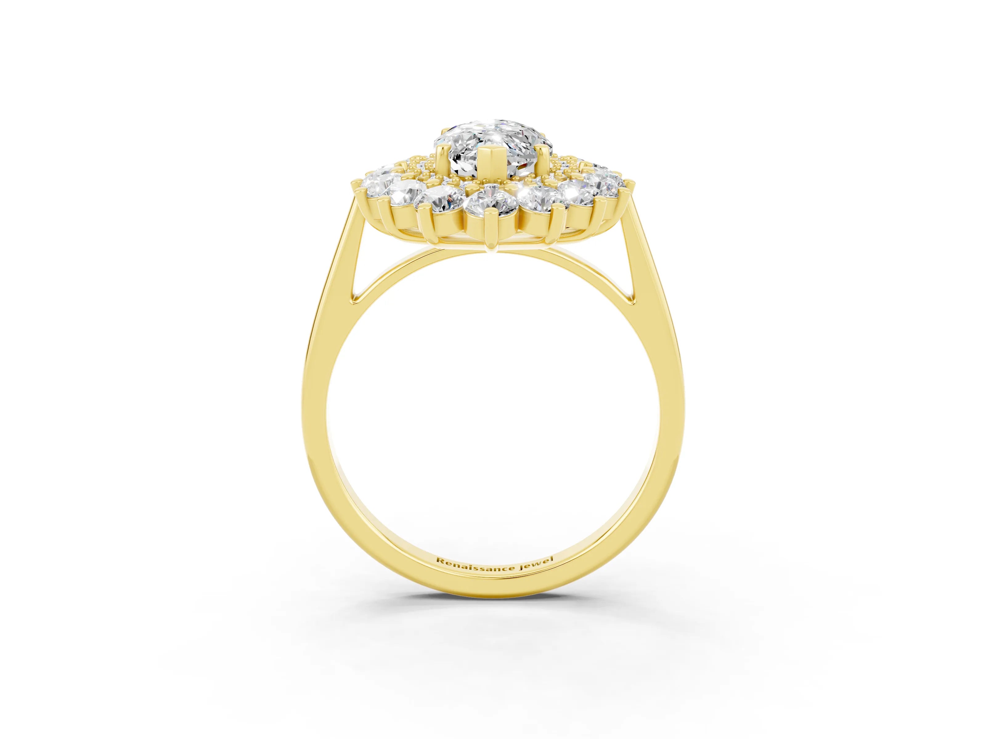 Yellow gold Marquise Cut Halo Cluster Diamond Ring with Pave Band and Four-Prong Setting_3