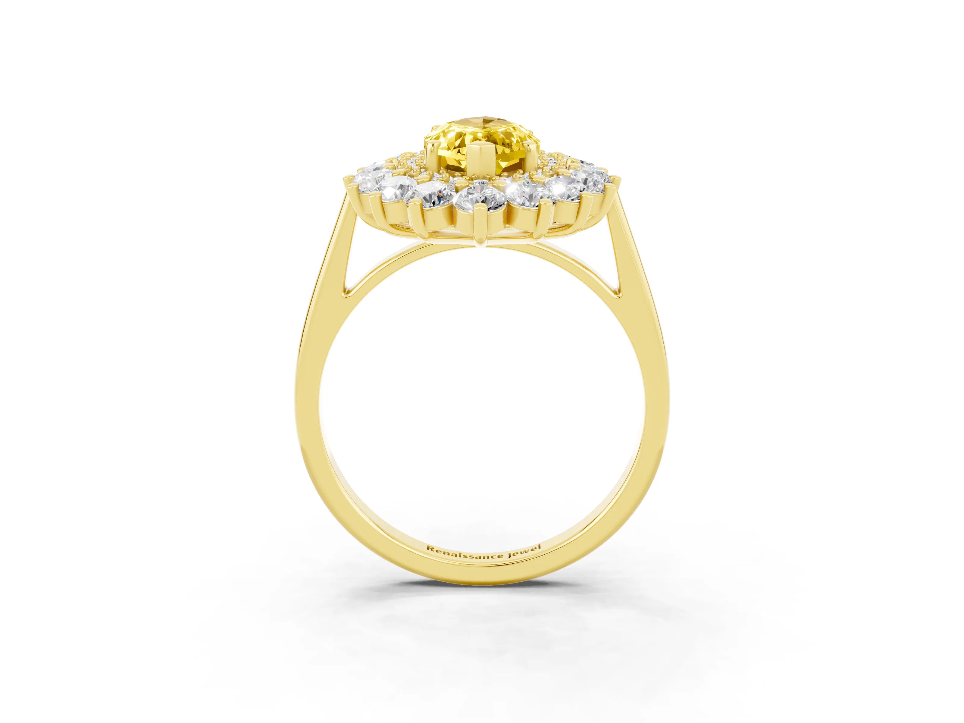 Yellow gold Marquise Cut Halo Cluster Diamond Ring with Pave Band and Four-Prong Setting_3