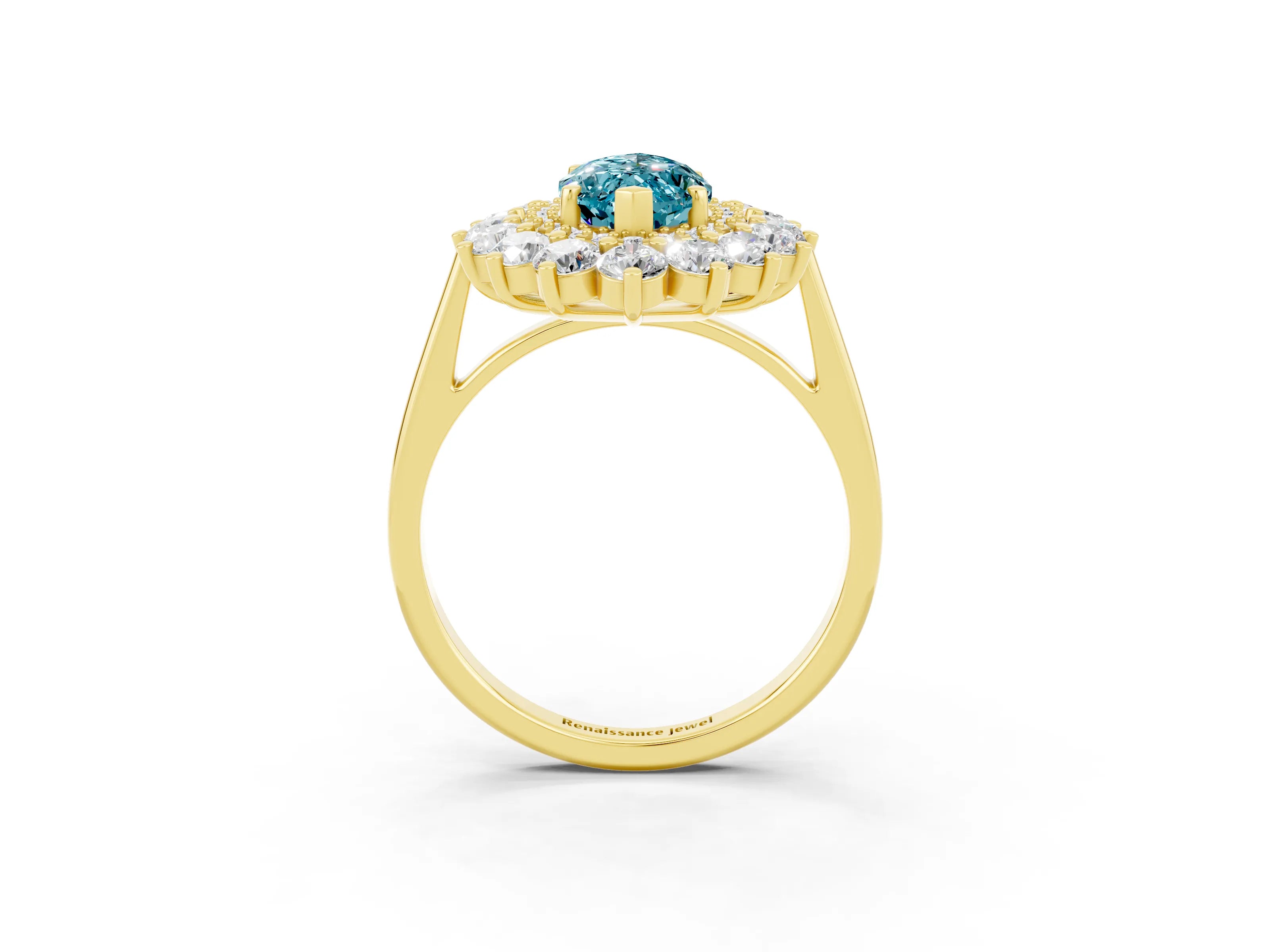 Yellow gold Marquise Cut Halo Cluster Diamond Ring with Pave Band and Four-Prong Setting_3