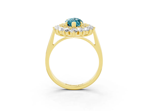 Yellow gold Marquise Cut Halo Cluster Diamond Ring with Pave Band and Four-Prong Setting