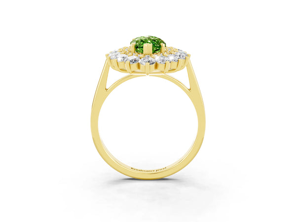 Yellow gold Marquise Cut Halo Cluster Diamond Ring with Pave Band and Four-Prong Setting