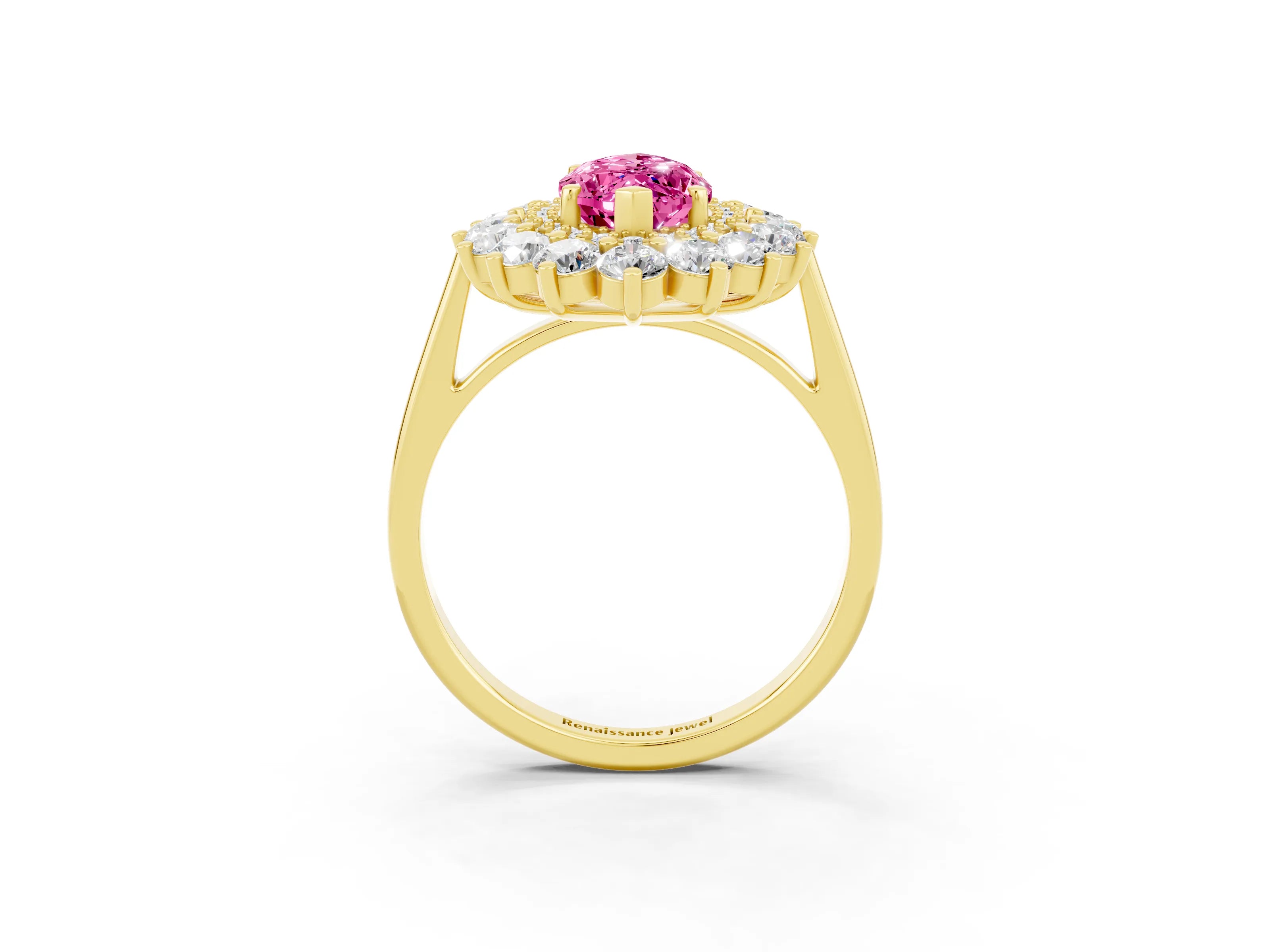 Yellow gold Marquise Cut Halo Cluster Diamond Ring with Pave Band and Four-Prong Setting_3