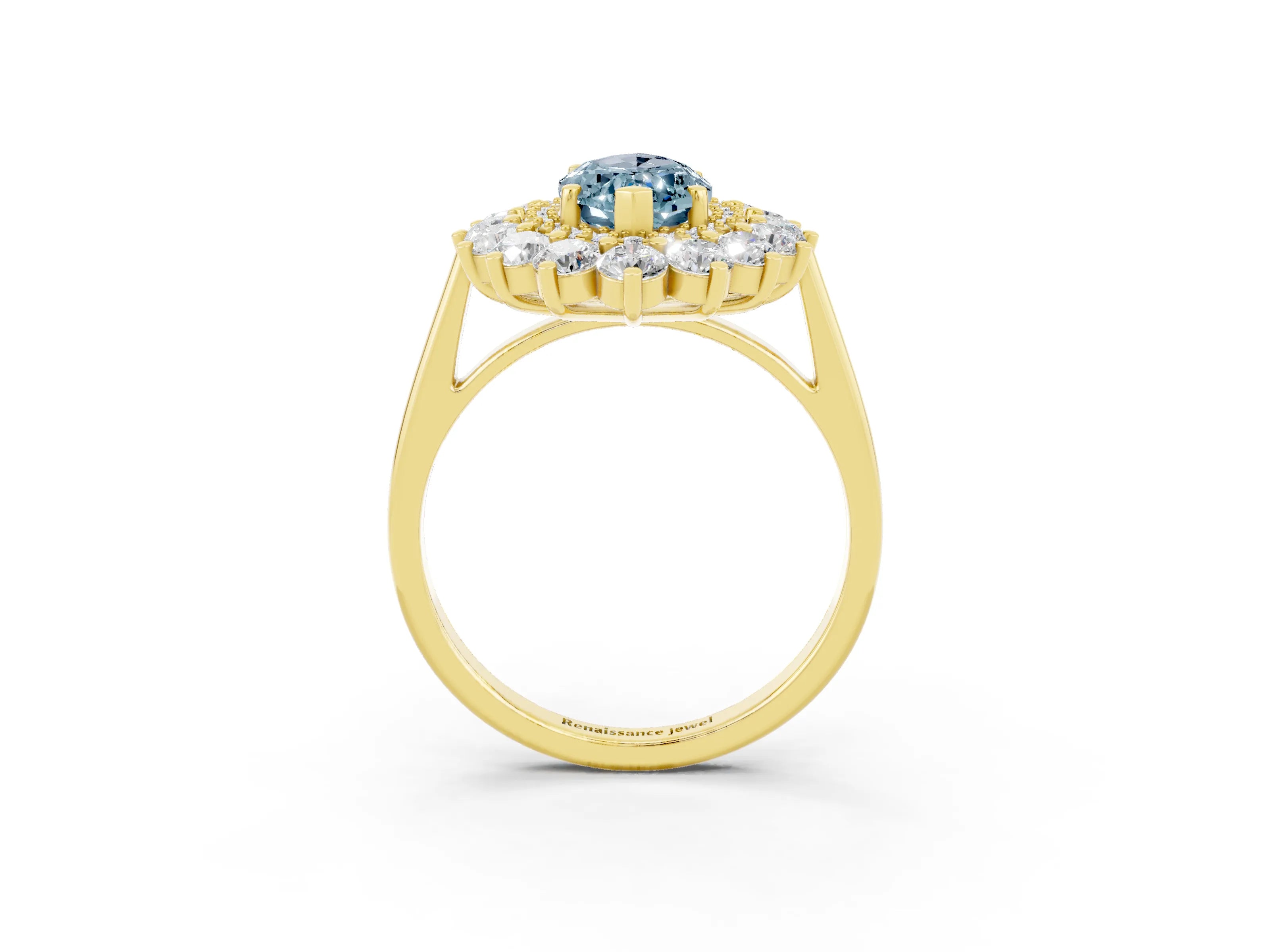 Yellow gold Marquise Cut Halo Cluster Diamond Ring with Pave Band and Four-Prong Setting_3