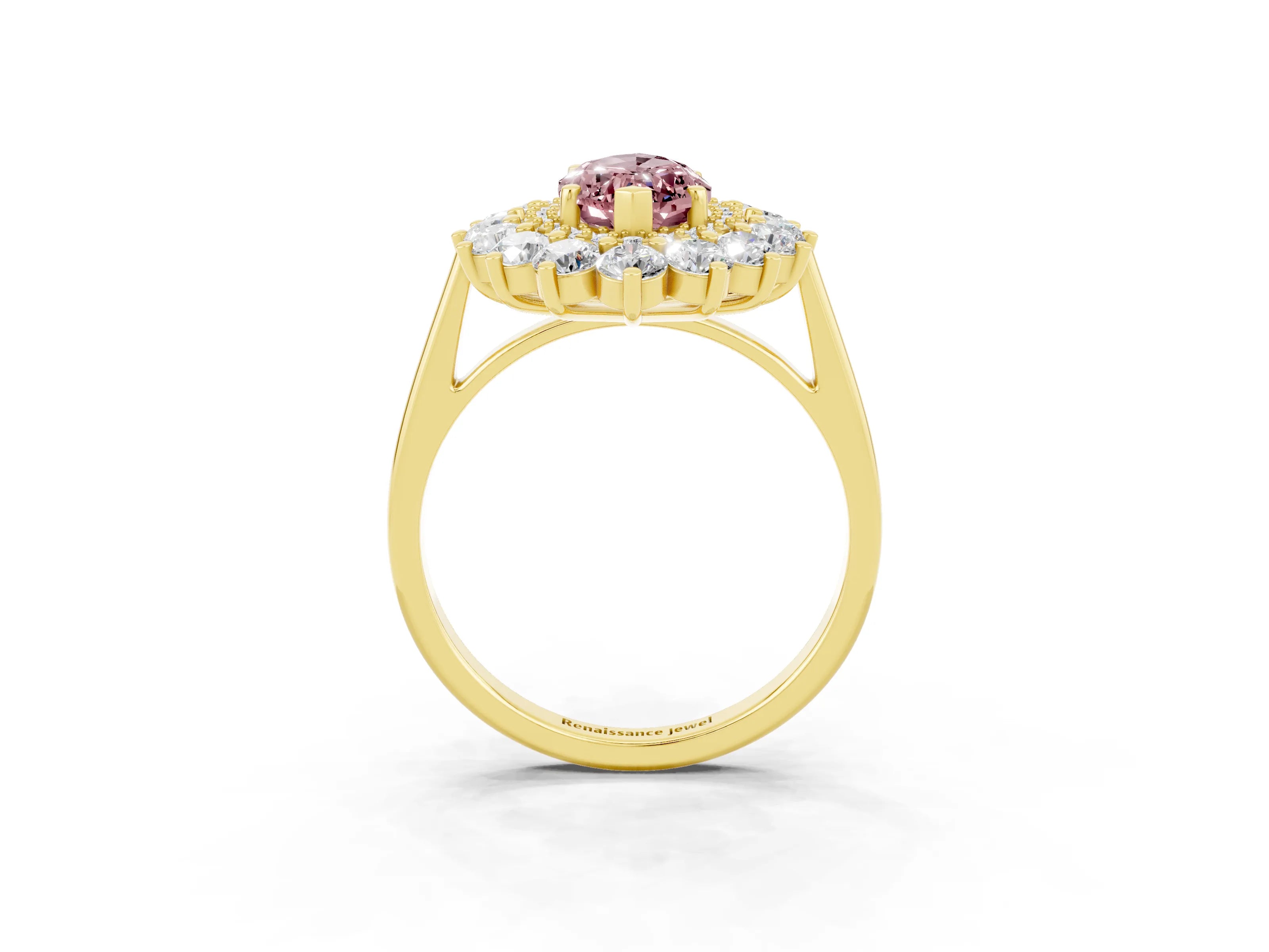 Yellow gold Marquise Cut Halo Cluster Diamond Ring with Pave Band and Four-Prong Setting_3