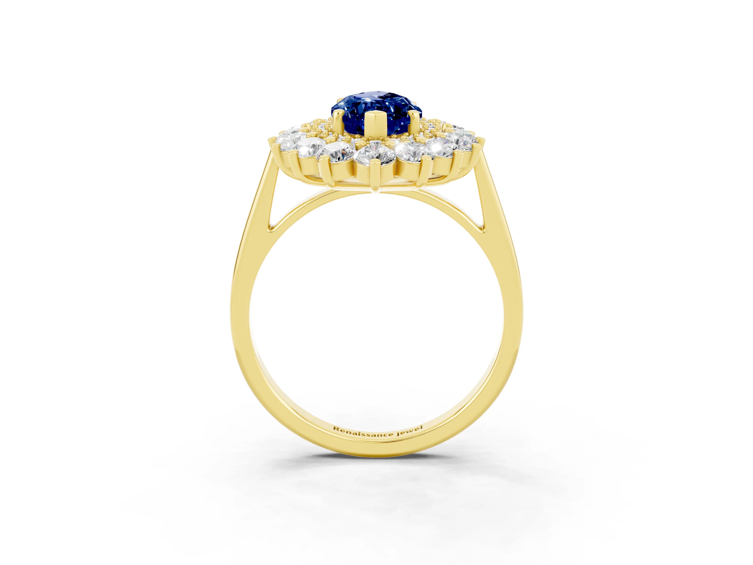 Yellow gold Marquise Cut Halo Cluster Diamond Ring with Pave Band and Four-Prong Setting_3