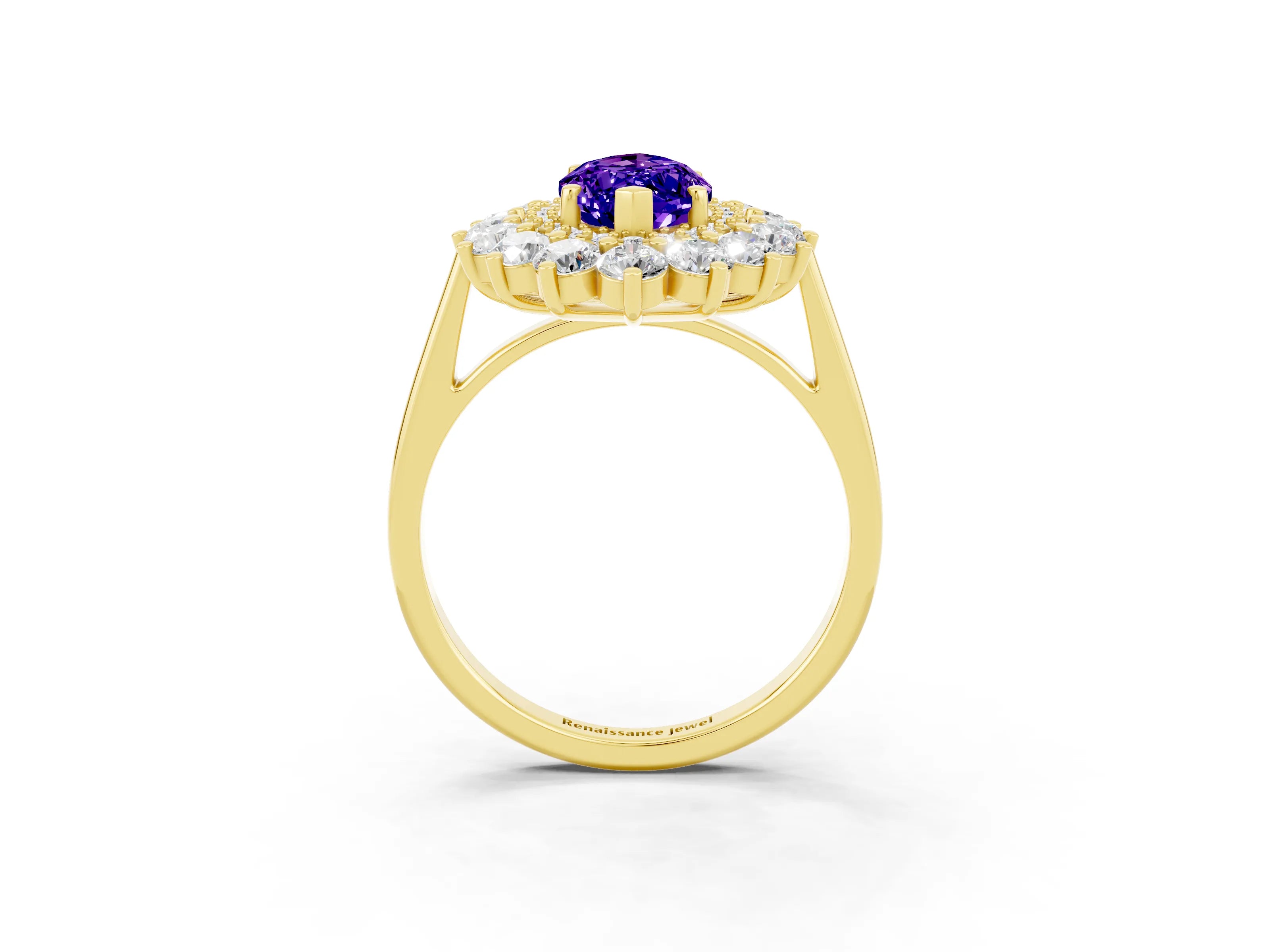 Yellow gold Marquise Cut Halo Cluster Diamond Ring with Pave Band and Four-Prong Setting_3