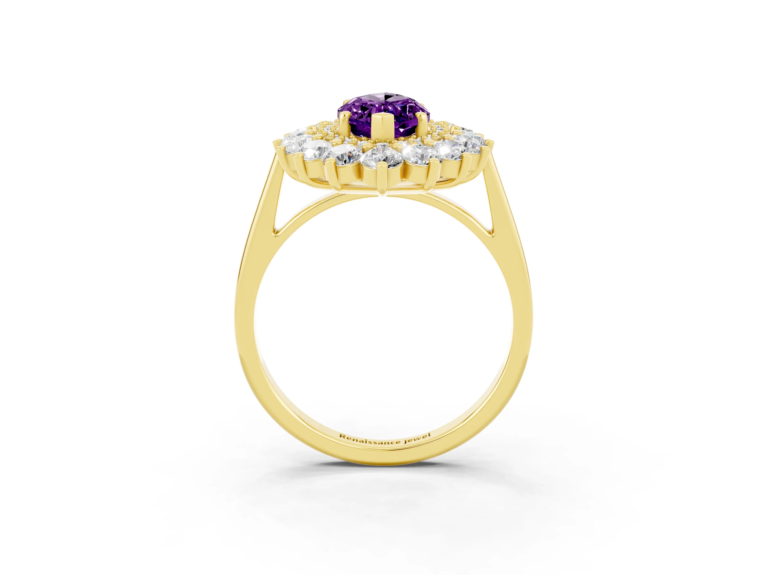 Yellow gold Marquise Cut Halo Cluster Diamond Ring with Pave Band and Four-Prong Setting_3