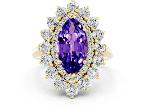 Yellow gold Marquise Cut Halo Cluster Diamond Ring with Pave Band and Four-Prong Setting