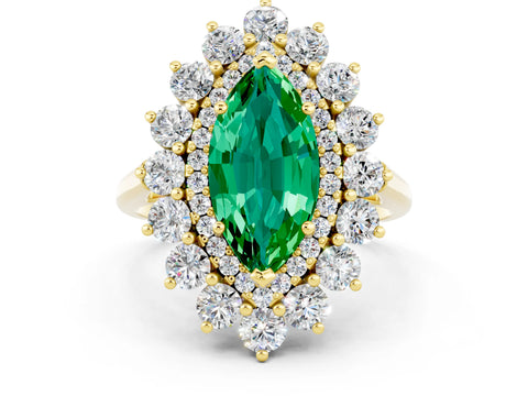 Yellow gold Marquise Cut Halo Cluster Diamond Ring with Pave Band and Four-Prong Setting