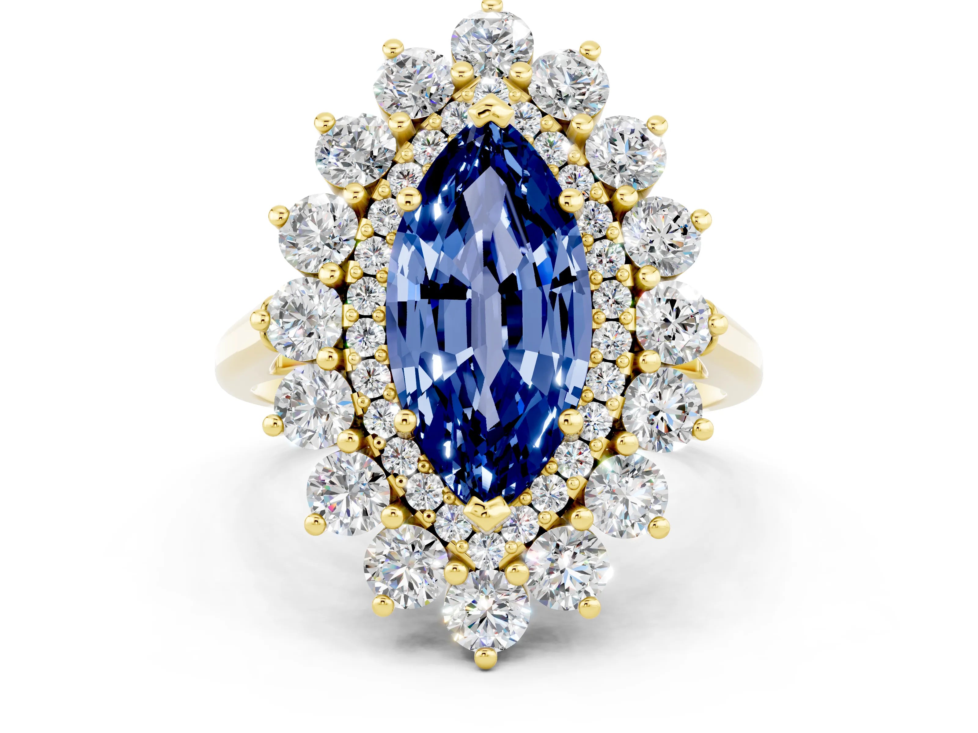 Yellow gold Marquise Cut Halo Cluster Diamond Ring with Pave Band and Four-Prong Setting