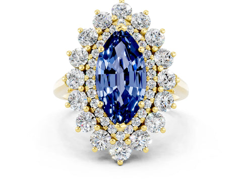 Yellow gold Marquise Cut Halo Cluster Diamond Ring with Pave Band and Four-Prong Setting