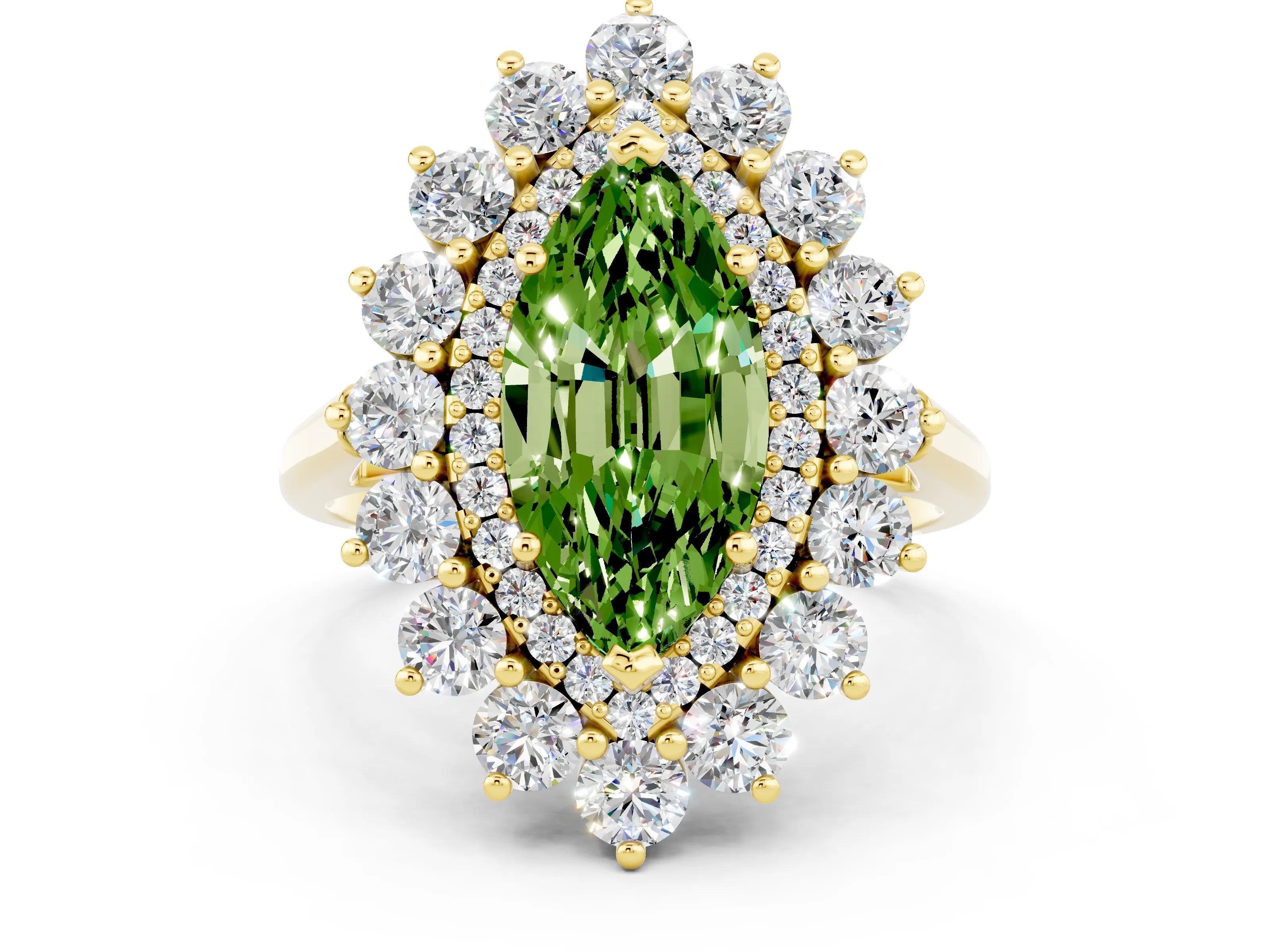 Yellow gold Marquise Cut Halo Cluster Diamond Ring with Pave Band and Four-Prong Setting