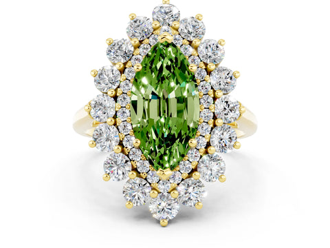 Yellow gold Marquise Cut Halo Cluster Diamond Ring with Pave Band and Four-Prong Setting