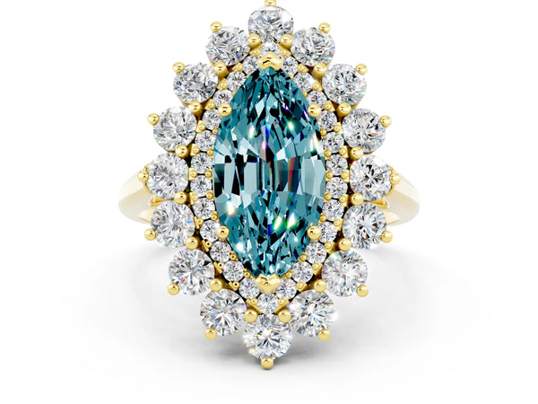 Yellow gold Marquise Cut Halo Cluster Diamond Ring with Pave Band and Four-Prong Setting