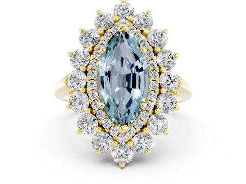 Yellow gold Marquise Cut Halo Cluster Diamond Ring with Pave Band and Four-Prong Setting