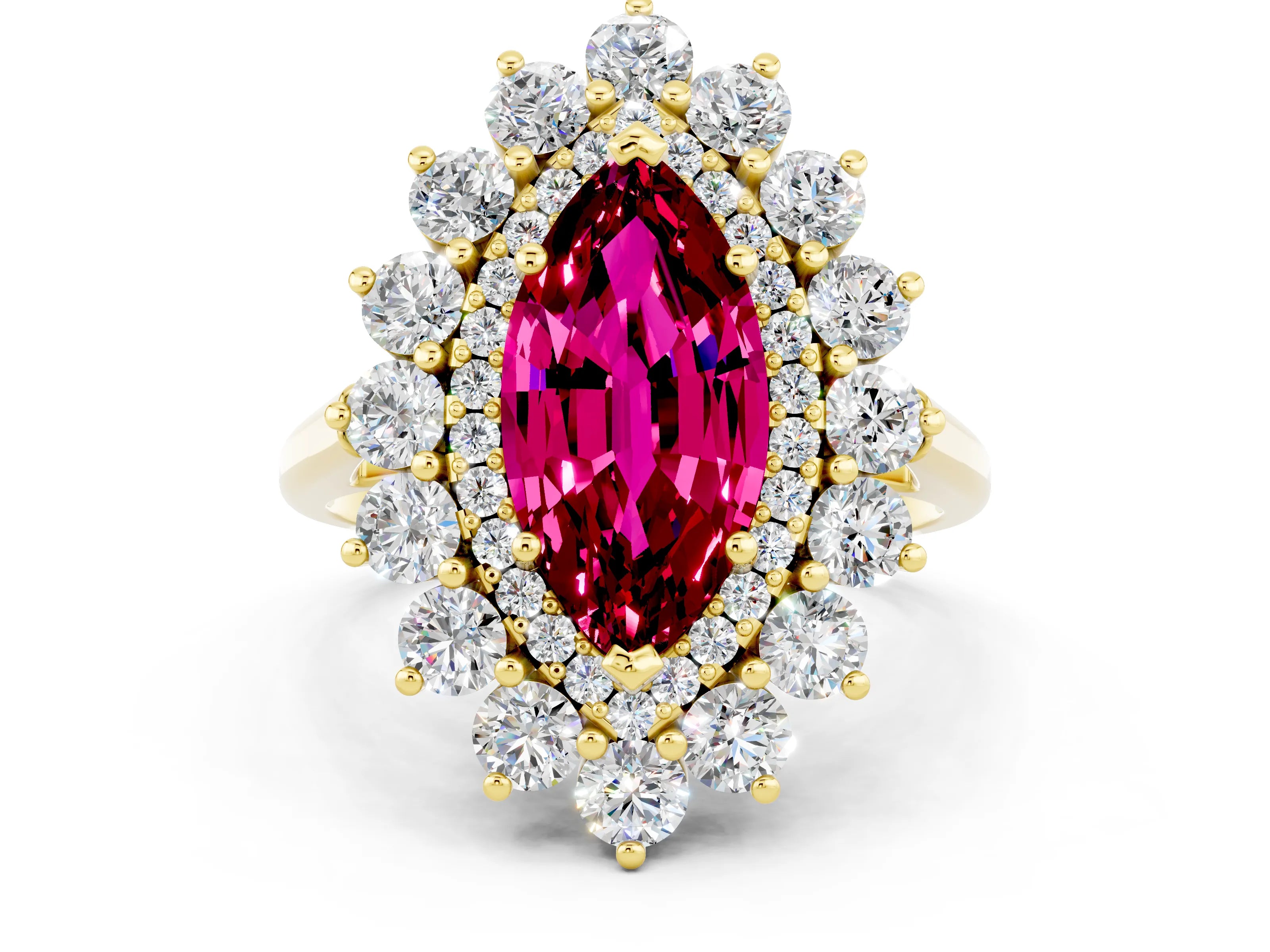 Yellow gold Marquise Cut Halo Cluster Diamond Ring with Pave Band and Four-Prong Setting