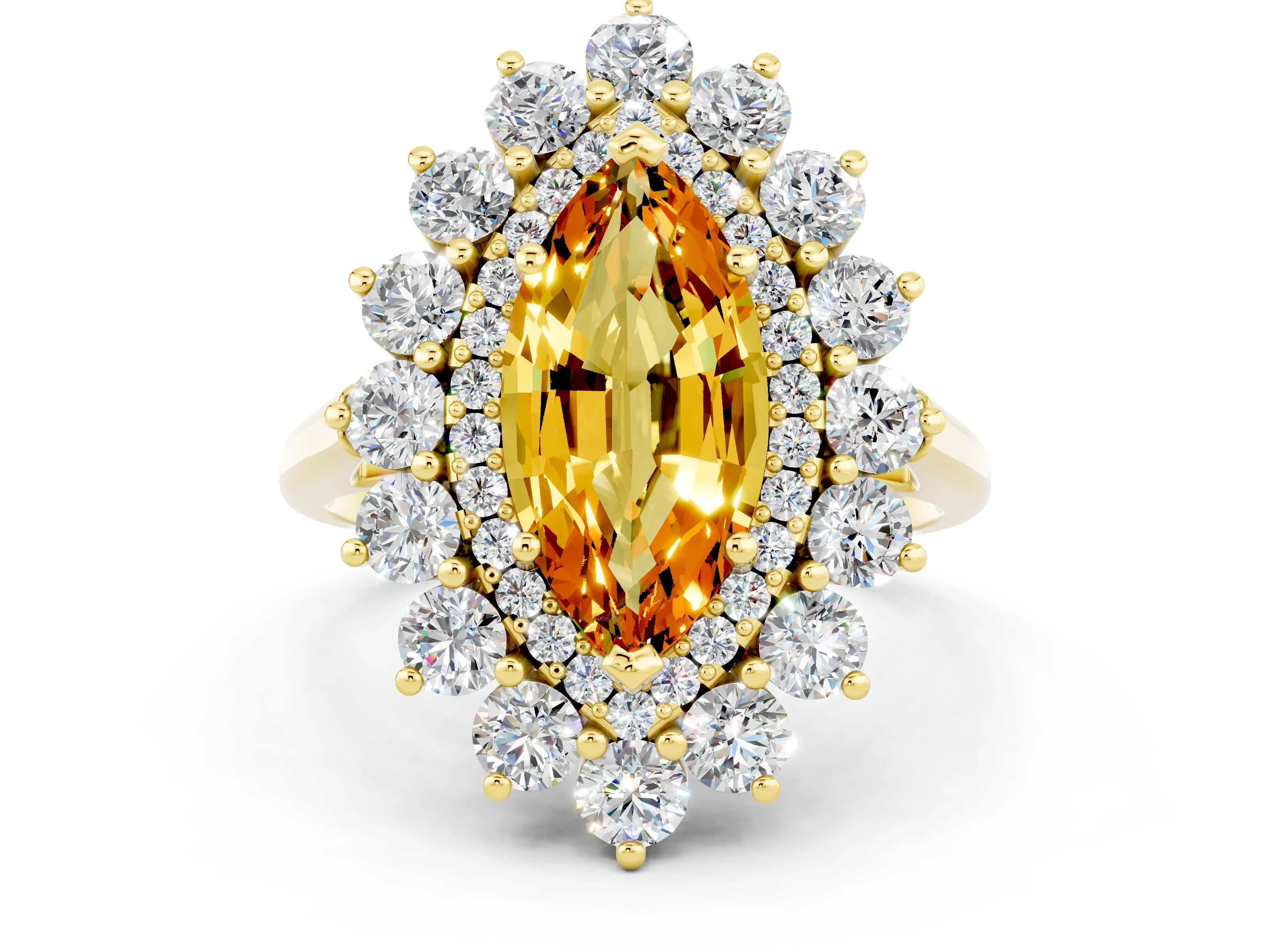 Yellow gold Marquise Cut Halo Cluster Diamond Ring with Pave Band and Four-Prong Setting