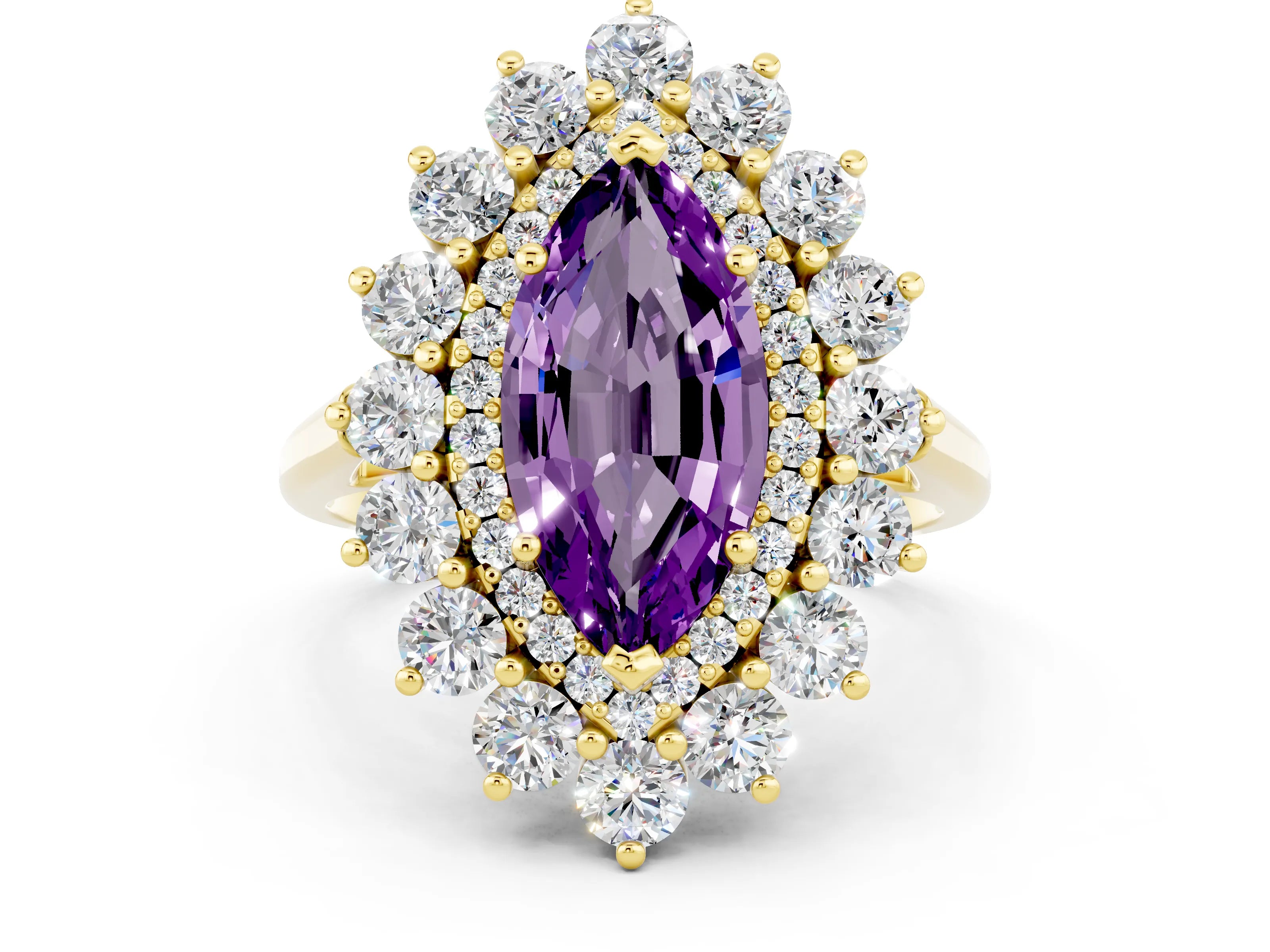 Yellow gold Marquise Cut Halo Cluster Diamond Ring with Pave Band and Four-Prong Setting