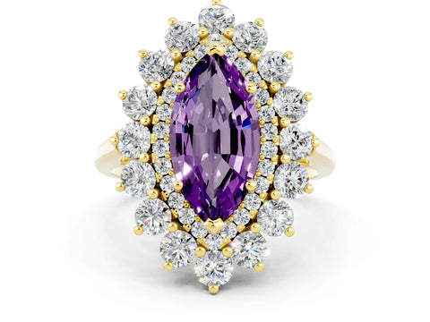 Yellow gold Marquise Cut Halo Cluster Diamond Ring with Pave Band and Four-Prong Setting