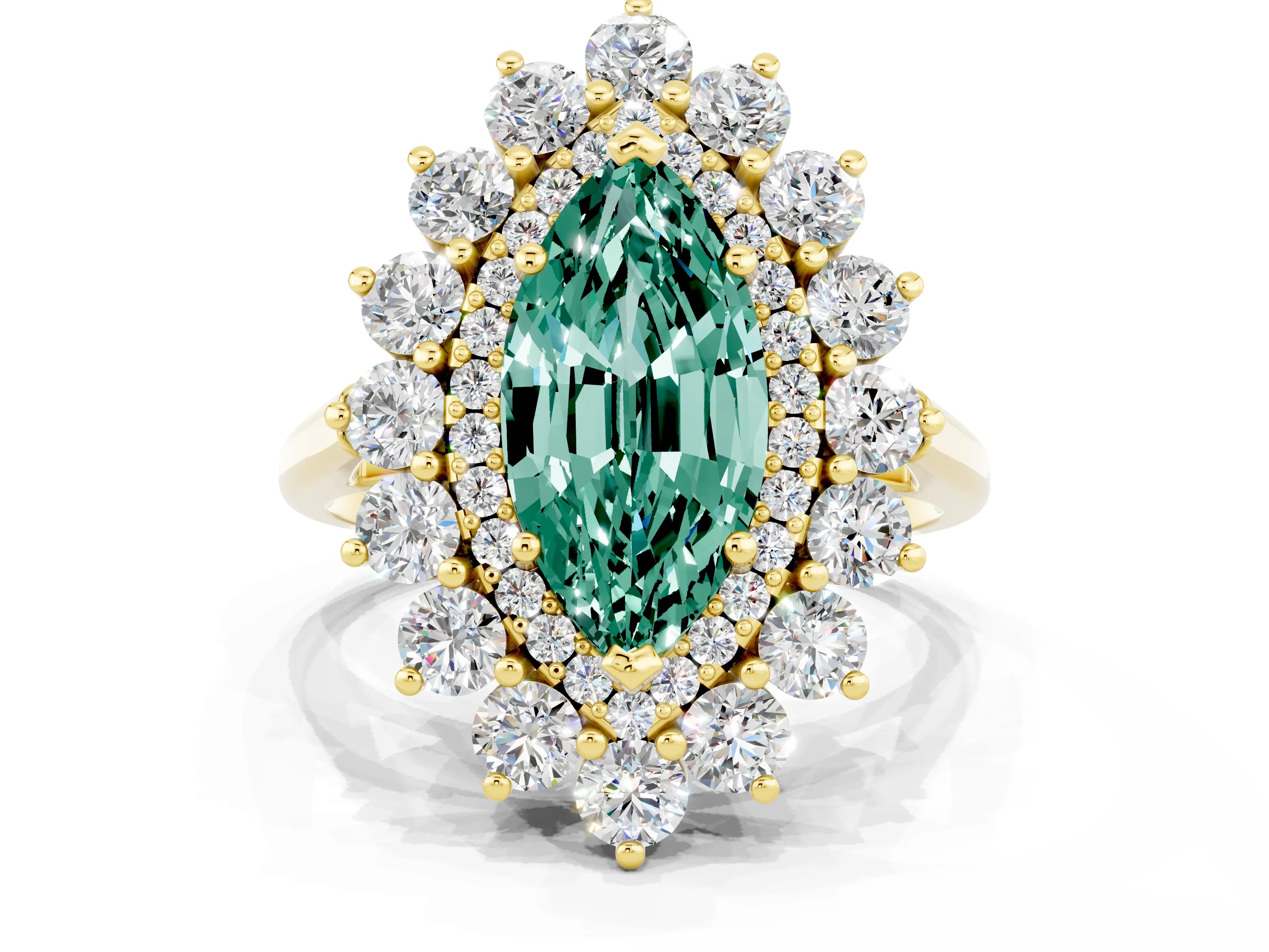 Yellow gold Marquise Cut Halo Cluster Diamond Ring with Pave Band and Four-Prong Setting
