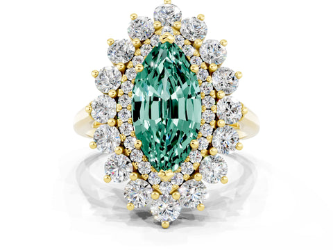Yellow gold Marquise Cut Halo Cluster Diamond Ring with Pave Band and Four-Prong Setting