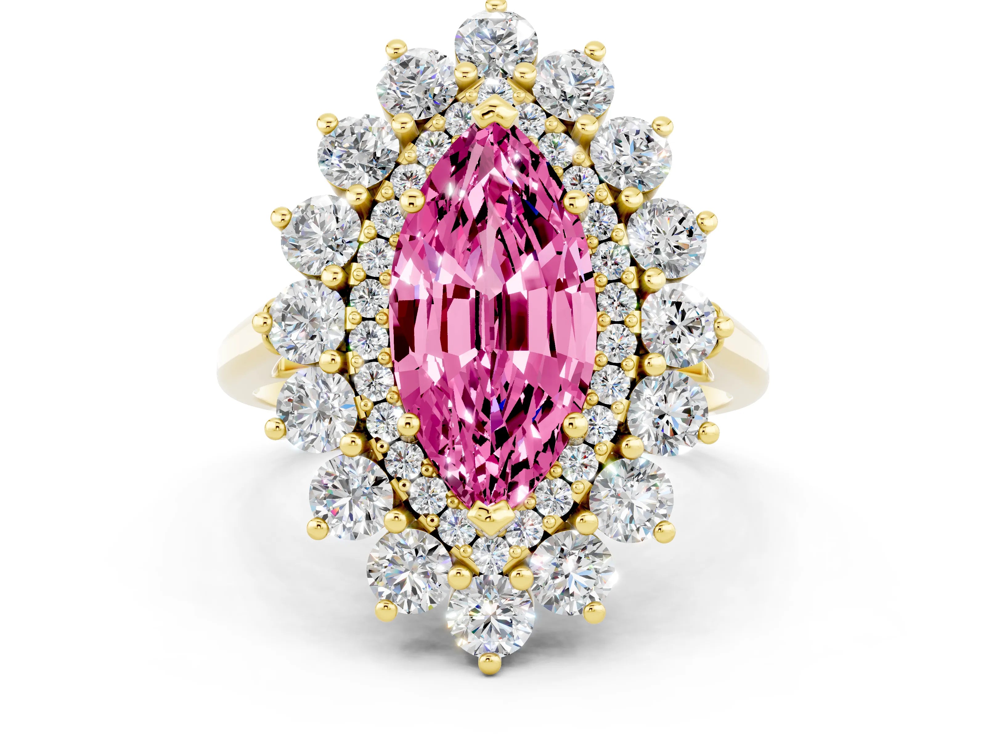 Yellow gold Marquise Cut Halo Cluster Diamond Ring with Pave Band and Four-Prong Setting