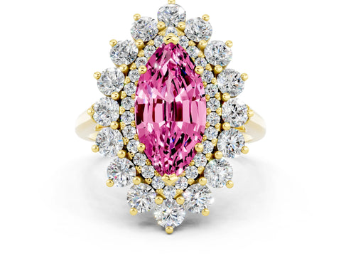 Yellow gold Marquise Cut Halo Cluster Diamond Ring with Pave Band and Four-Prong Setting