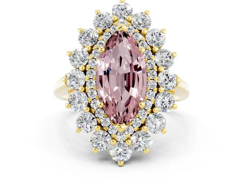 Yellow gold Marquise Cut Halo Cluster Diamond Ring with Pave Band and Four-Prong Setting